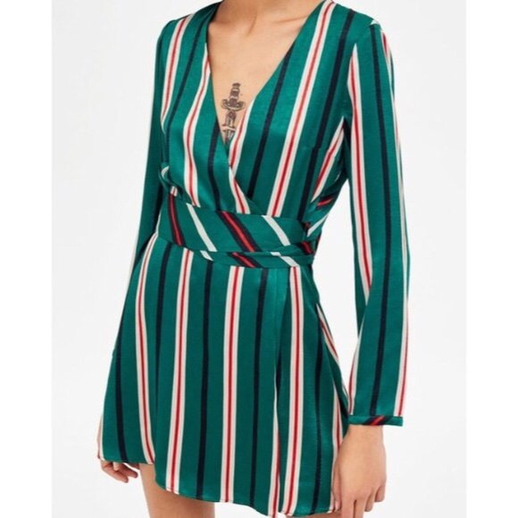Zara Silk Green Red Striped Wrap Romper | Sz M - Picture 1 of 6